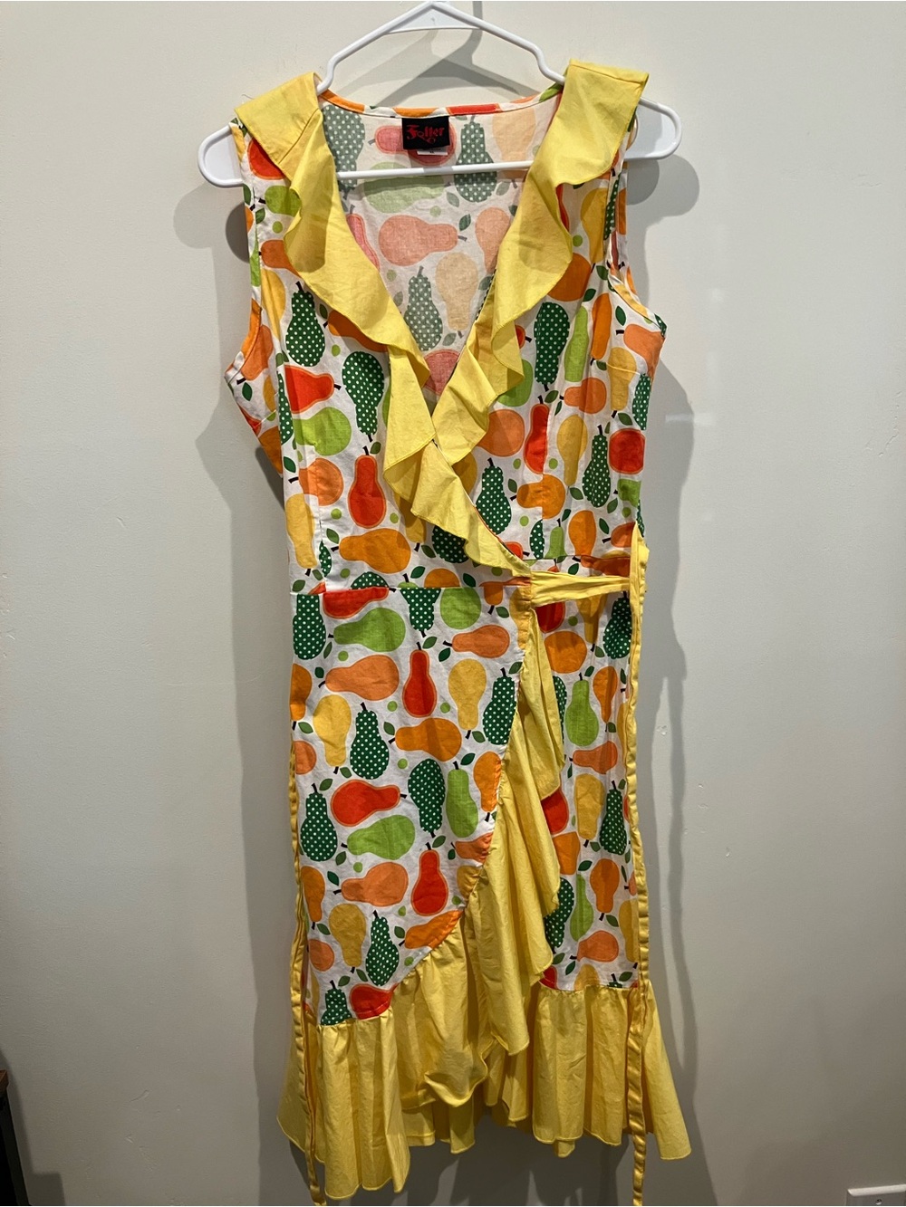Folter Yellow Ruffle Retro Pinup Wrap Dress with Colorful Pear Print
